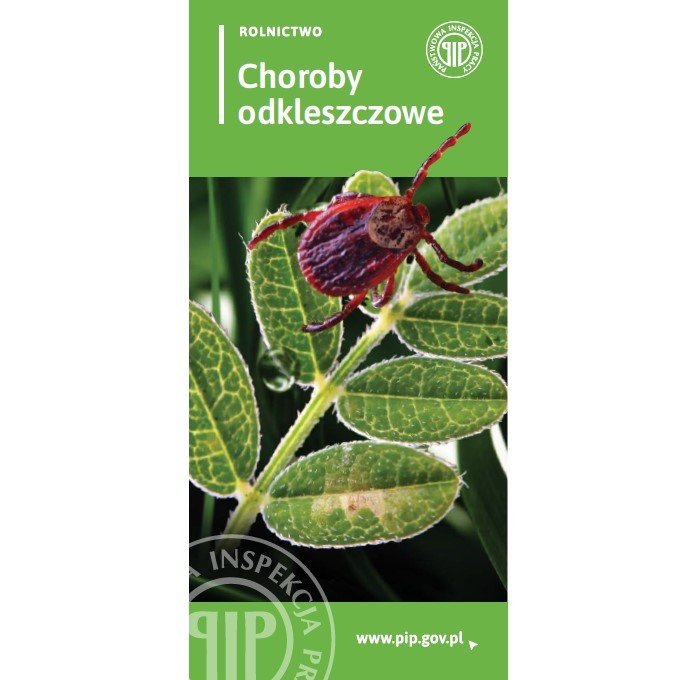 okładka ulotki przedstawiająca kleszcza na liściu